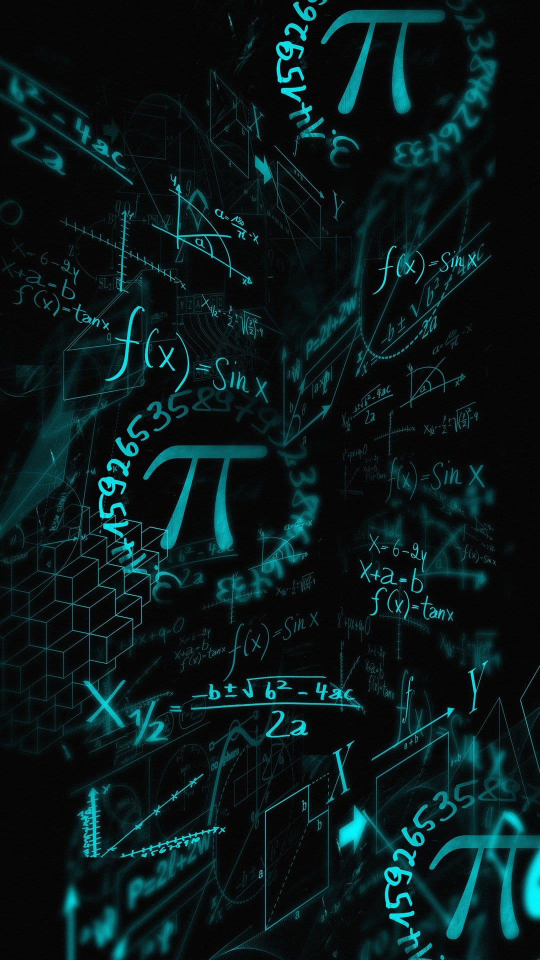 Glowing teal Pi symbol surrounded by intricate mathematical formulas and equations on a dark background.