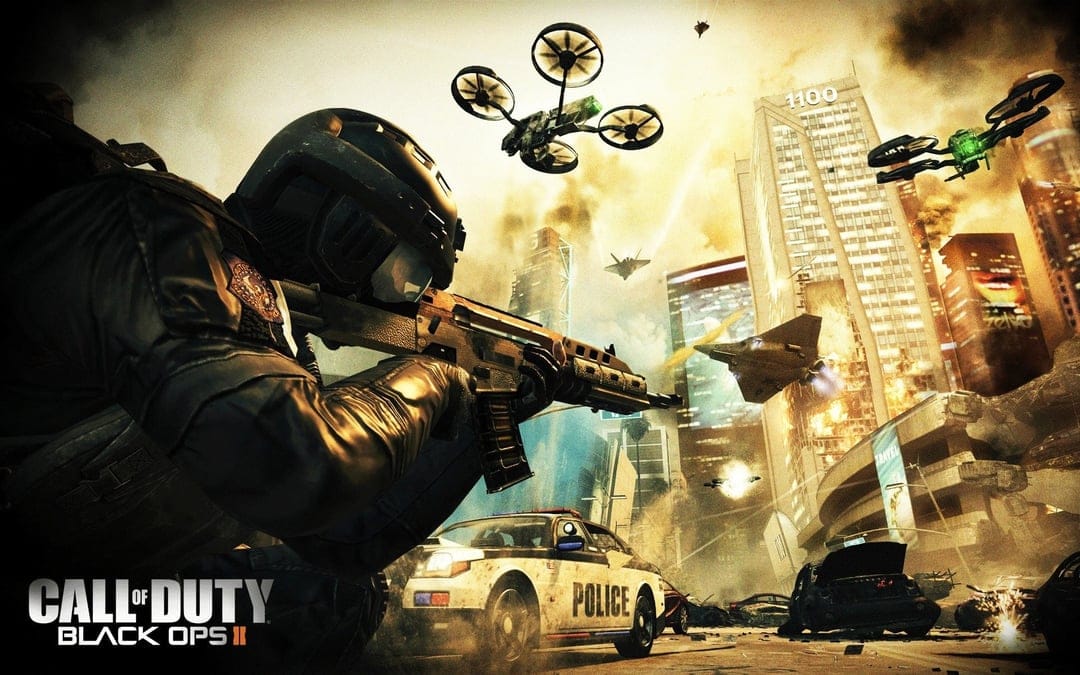 Soldier in tactical gear aiming a rifle in a chaotic city with drones and jets during futuristic urban warfare.