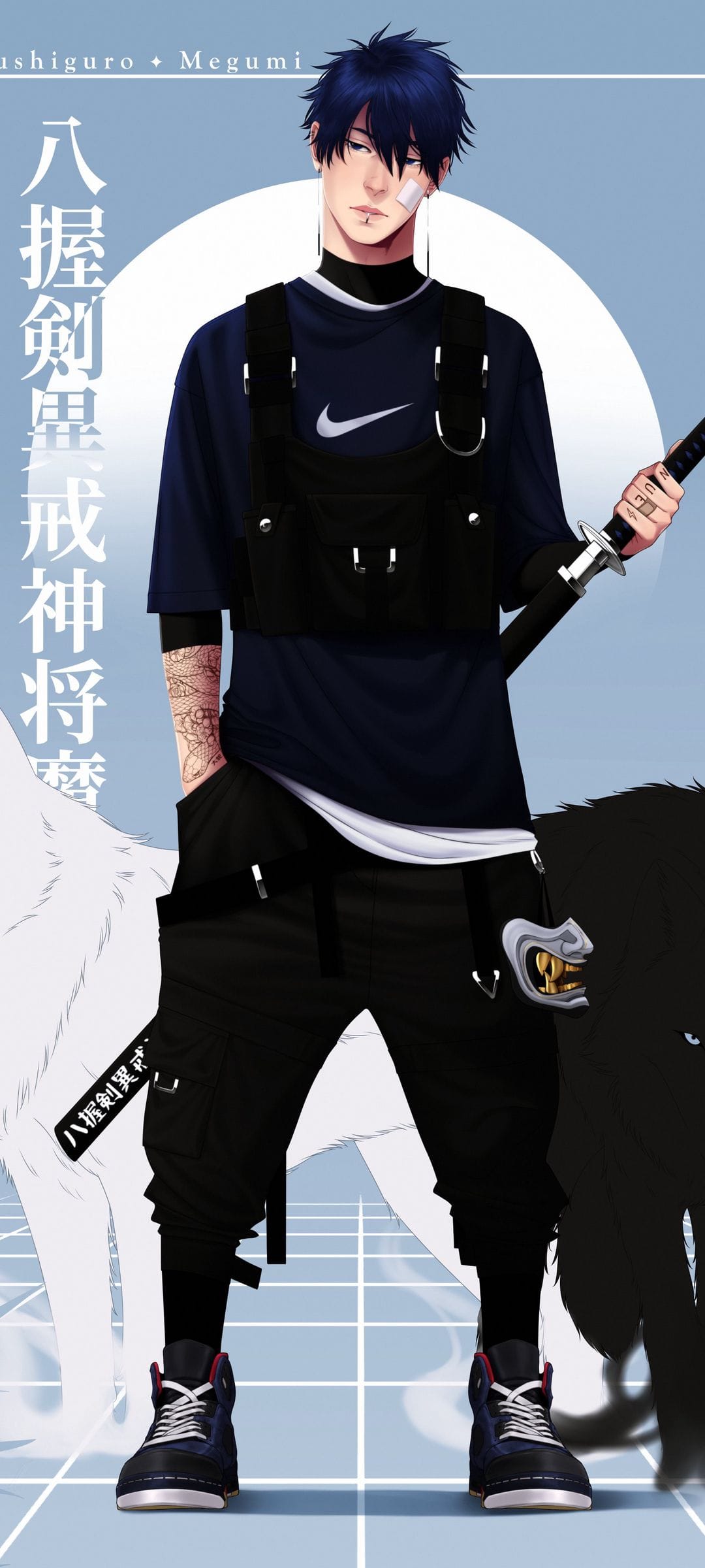 Dark-haired man with blue eyes holds a sword between a white wolf and a black wolf on a blue grid background.