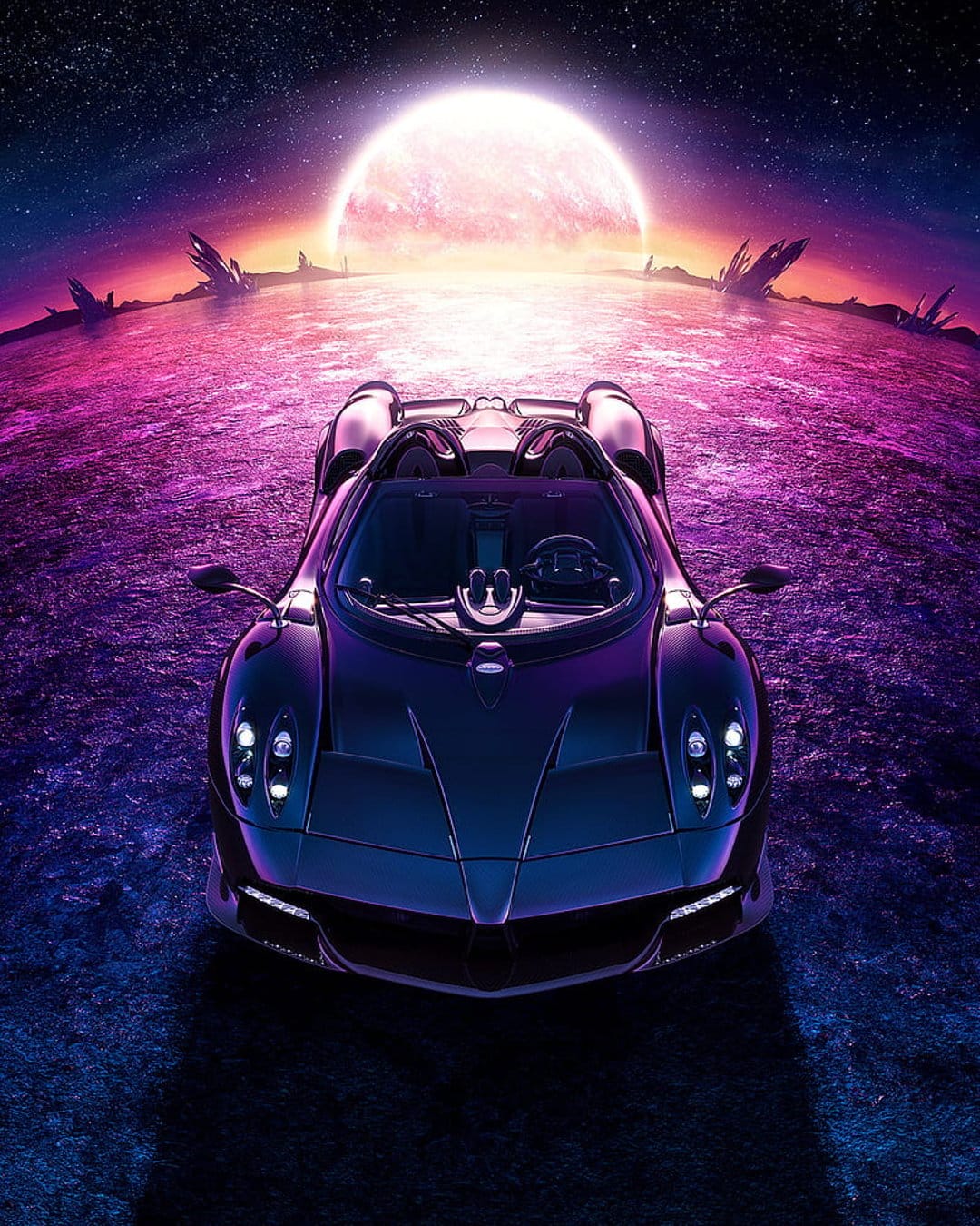 Sleek dark purple hypercar parked on a textured alien planet surface under a colossal glowing moon in the sky.