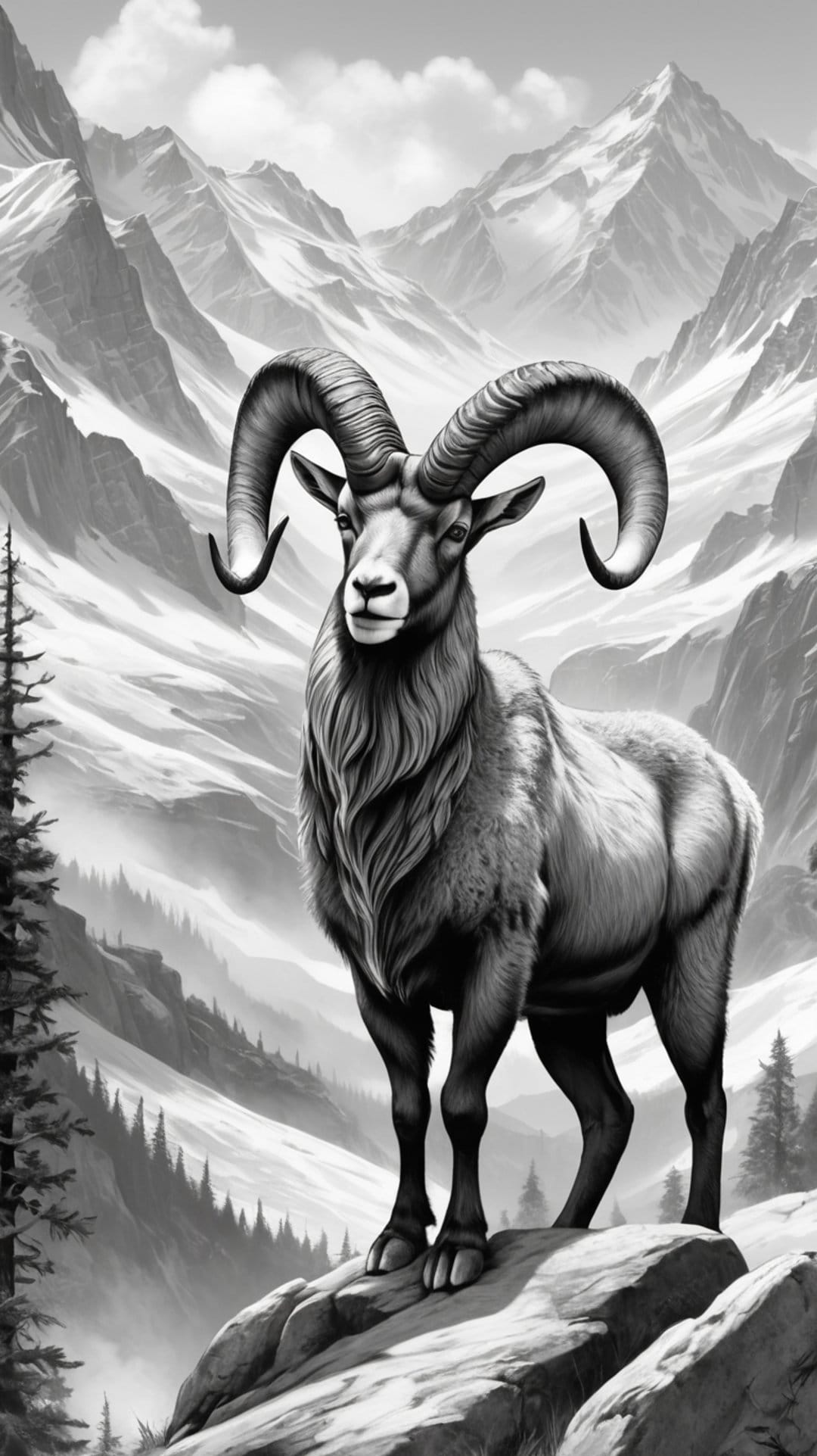 Bighorn sheep with large curved horns stands on a rocky cliff with snowy mountains and pine trees in the background.