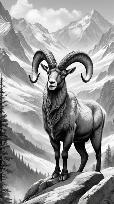 Coat,Mountain Goat,Mountain,Tattoo,Tattoo Wallpaper,Wallpaper,AI Art,Ai Wallpaper,Desktop Wallpaper,Artwork,Black,White,Black and White,Aesthetic