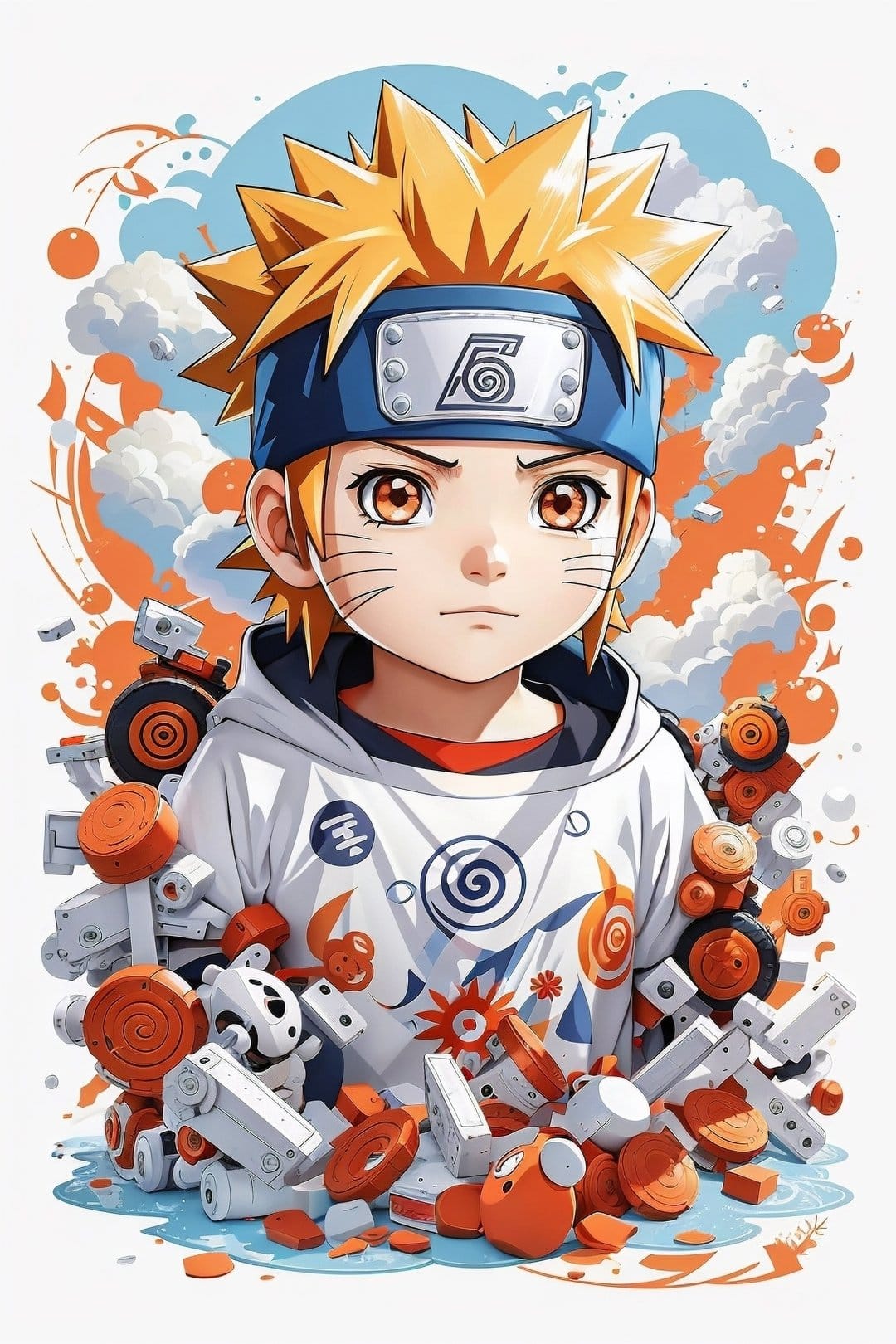 Naruto Uzumaki in a hoodie surrounded by small mechanical robots and orange clouds against a blue background.