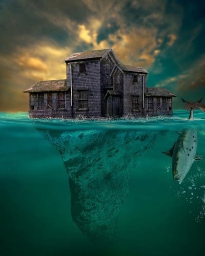 sea,house,prison,abandoned,nature,isolated,creepy,scary,underwater,surreal,surrealism,manipulation,digital art,rock,sky,sunrise,hand,monster,fish,bubbles