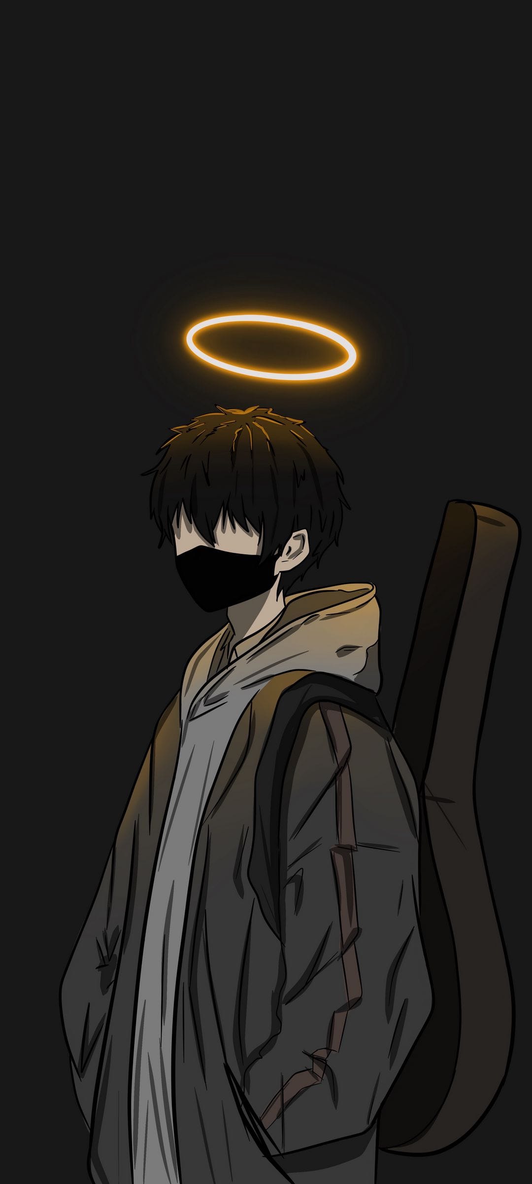 Masked boy with a glowing orange halo and guitar case stands against a dark, minimalist backdrop.