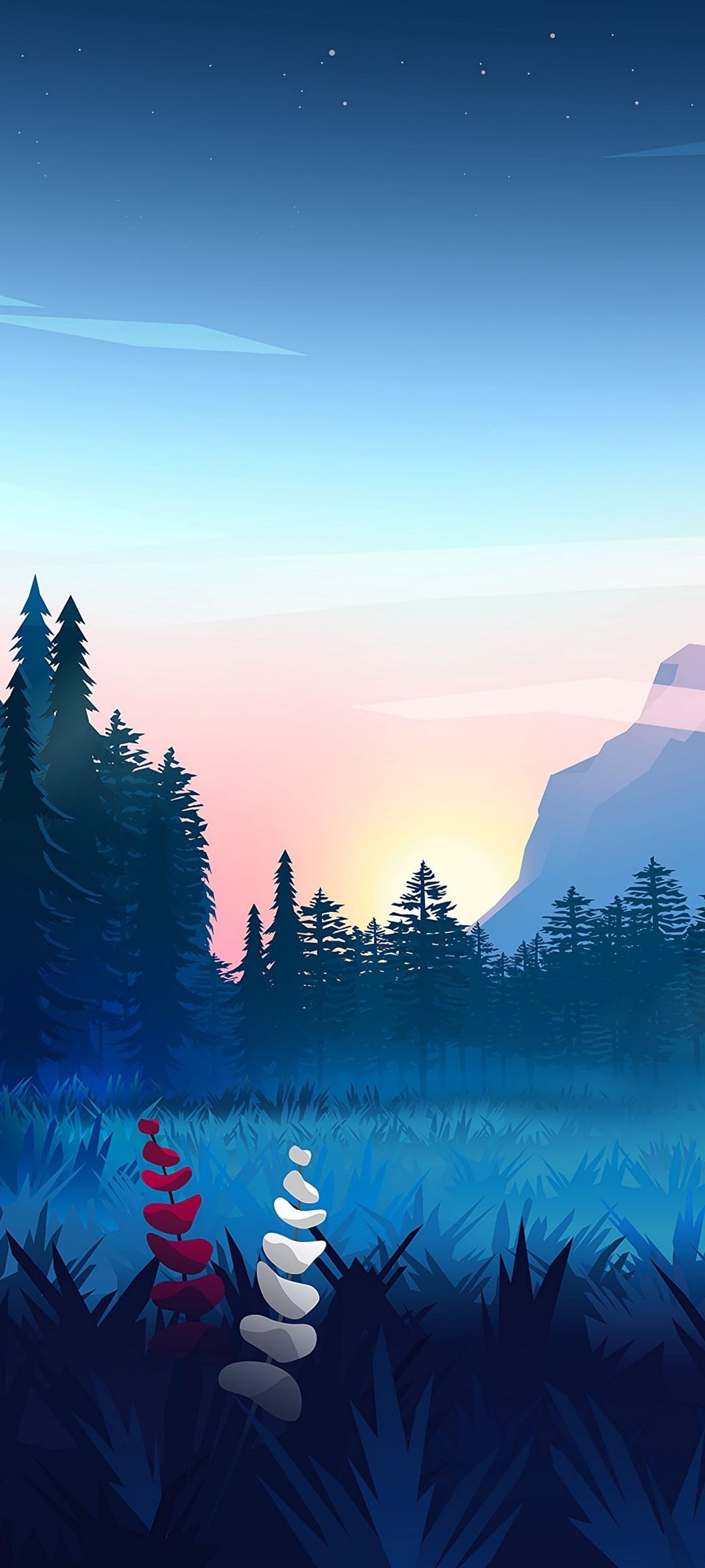Red and white abstract flowers grow in blue grass against a backdrop of hazy mountains and a sunrise sky.