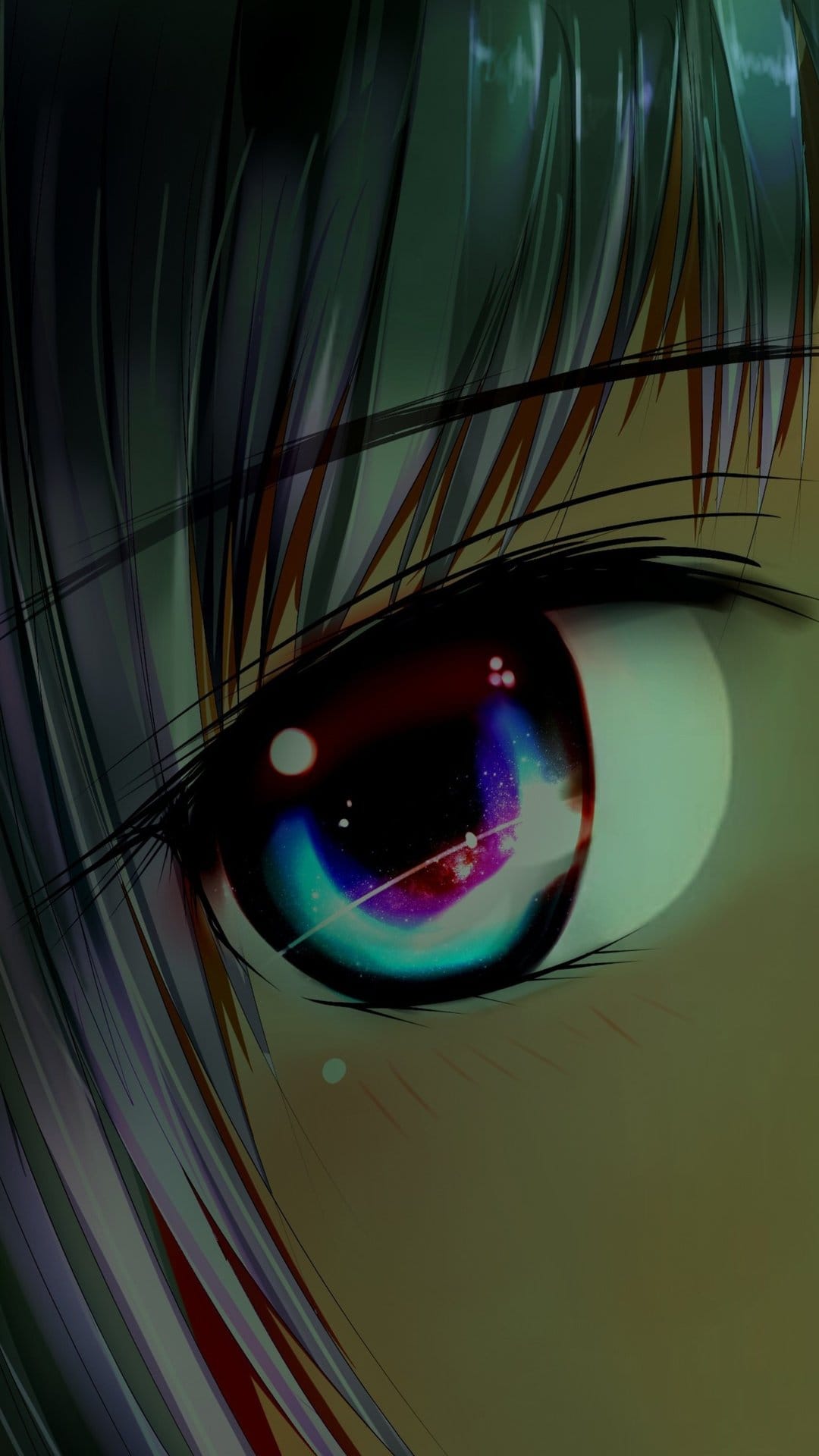 Vibrant purple anime iris containing a shimmering galaxy and star clusters surrounded by dark, thick eyelashes.