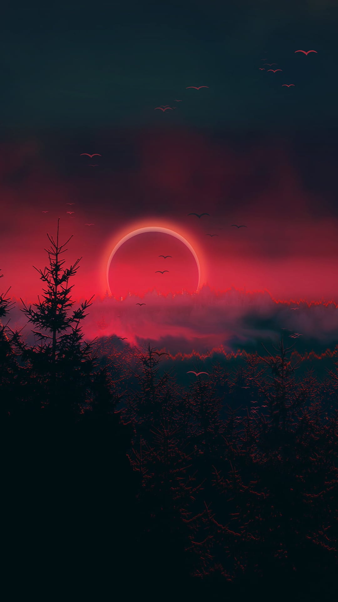 Crimson solar eclipse hangs above a black pine forest silhouette with birds flying across a vibrant red sky.