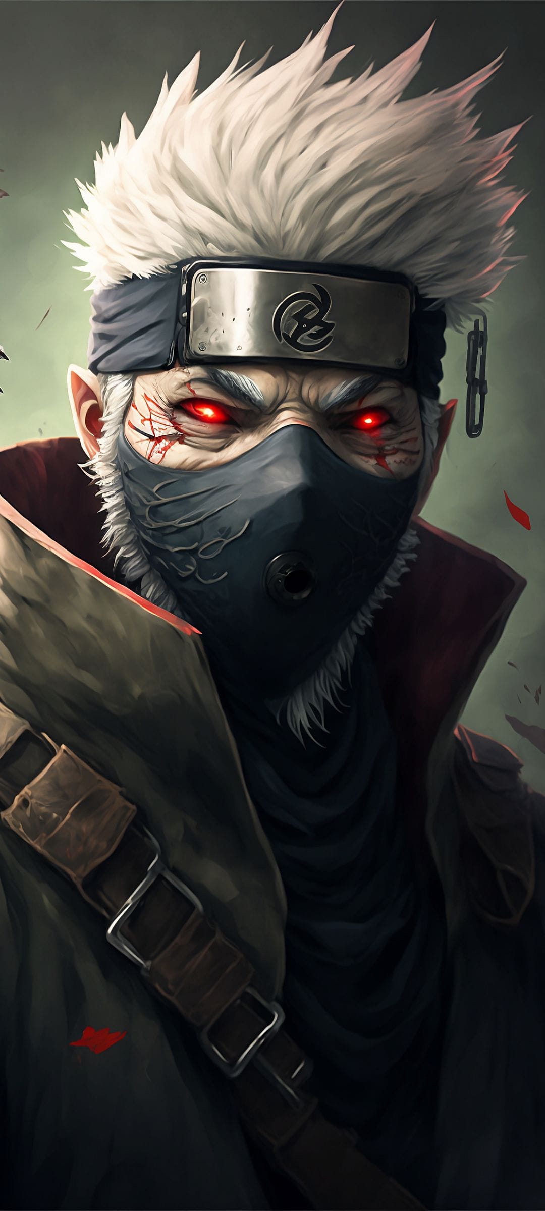 Kakashi Hatake with silver hair and a red Sharingan eye wears a black mask against a smoky green background.