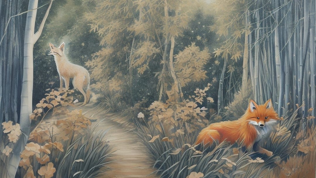 Two foxes rest in a forest, one light-colored on a rock and another orange among tall grass and autumn leaves.