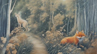 Kitsune,Animal,Mythical,Creature,Mythic,Legendary,Ai Artwork,Ai,Artwork,Wallpaper,Rare,Desktop Wallpaper,Fox,Bamboo,Grass 