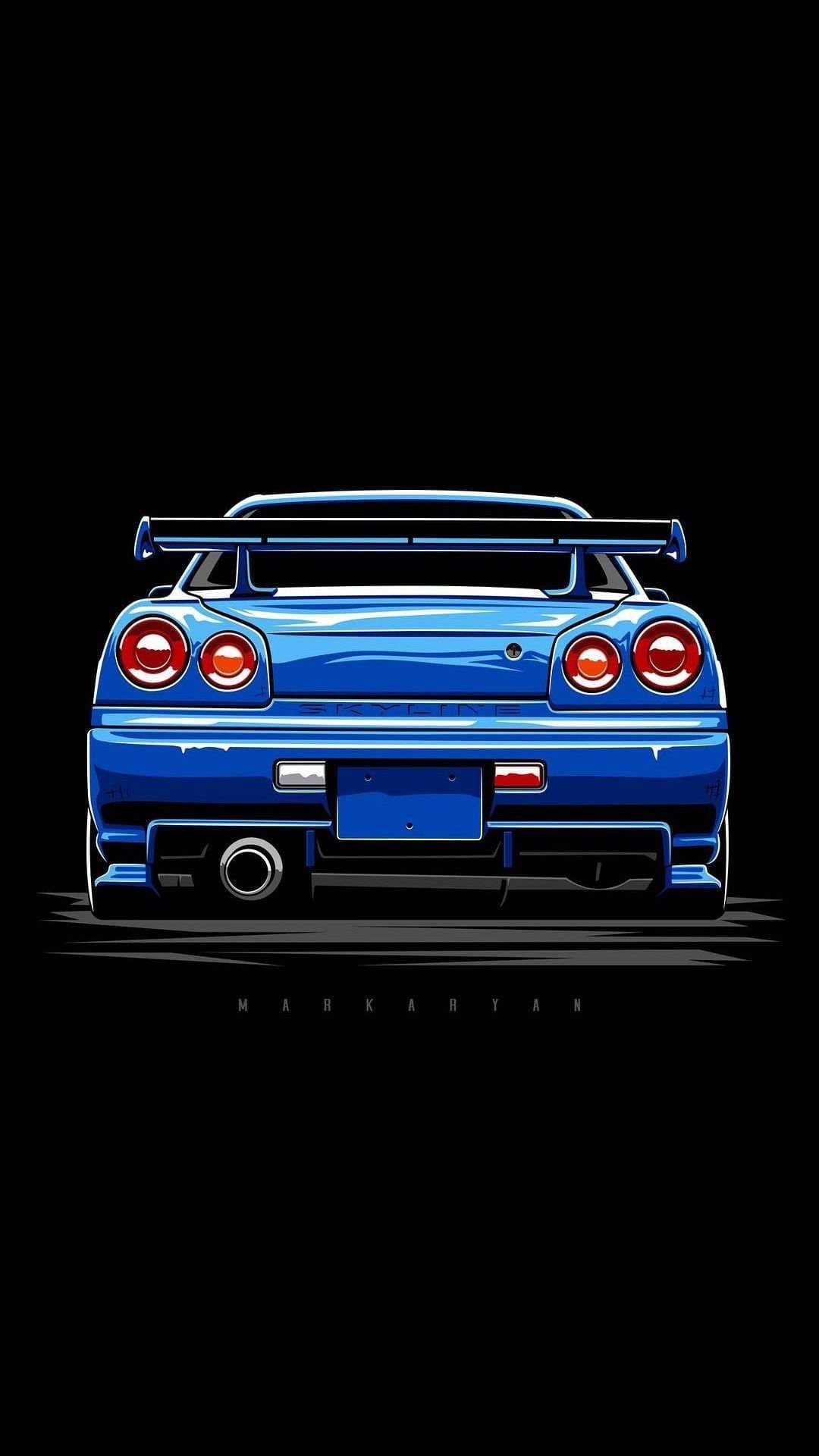 Rear view of a blue Nissan Skyline GT-R R34 with glowing taillights against a minimalist black background.