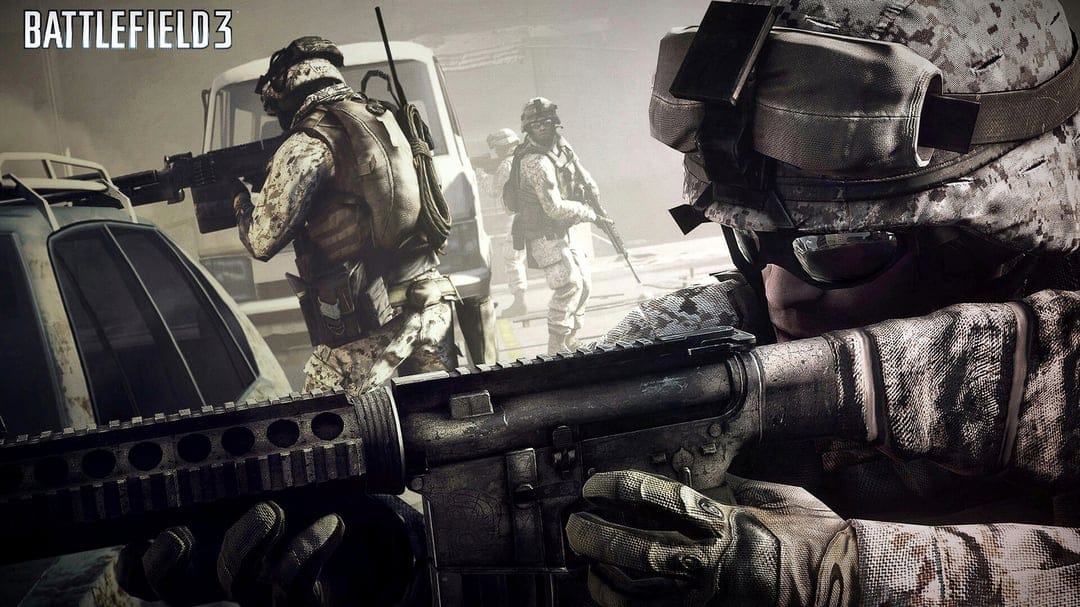 Soldiers in desert camouflage with rifles move through a smoky city street in a tactical combat scene.