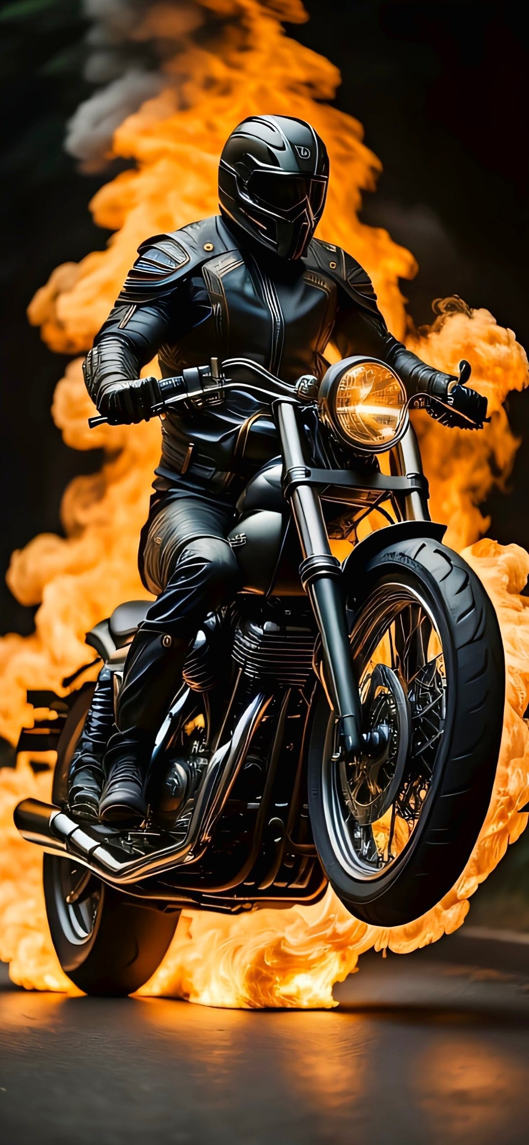 Motorcyclist in black leather riding a bike engulfed in bright orange flames with motion blur effects.