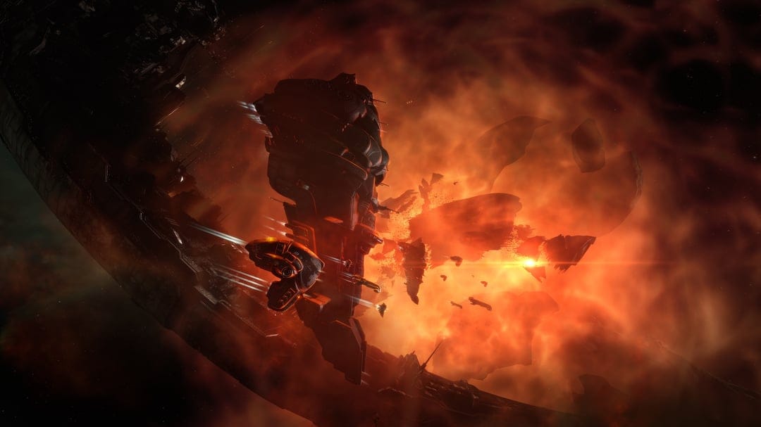 Dark spacecraft silhouetted against a glowing orange nebula with smaller ships and debris in deep space.