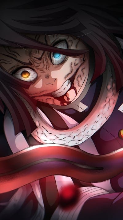 Demon Slayer, Obanai Iguro, anime, character, unsettling, serpent, snake, scarred, heterochromia, intense, villain, hashira, fan art, iconic, dark, mysterious, creepy, ominous, mangaka, powerful