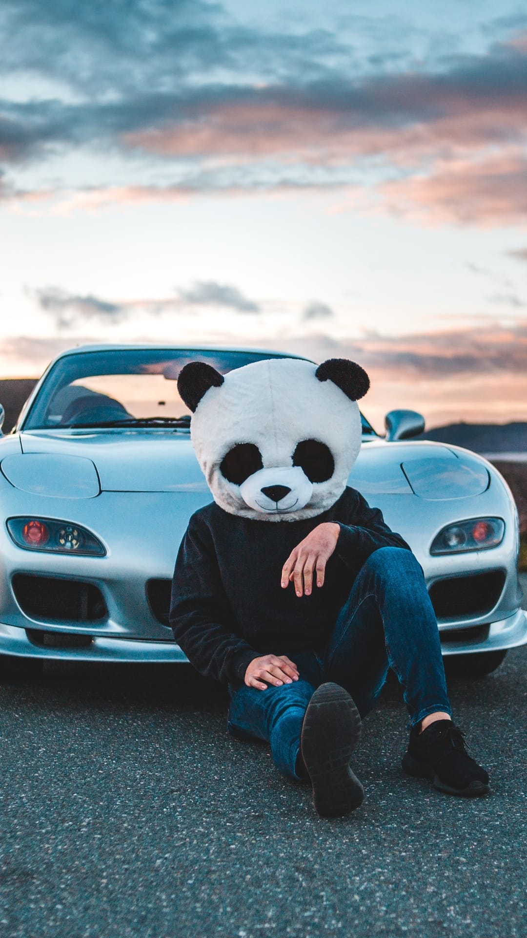 Person in a panda mascot head sits on the ground beside a silver sports car under a glowing sunset horizon.