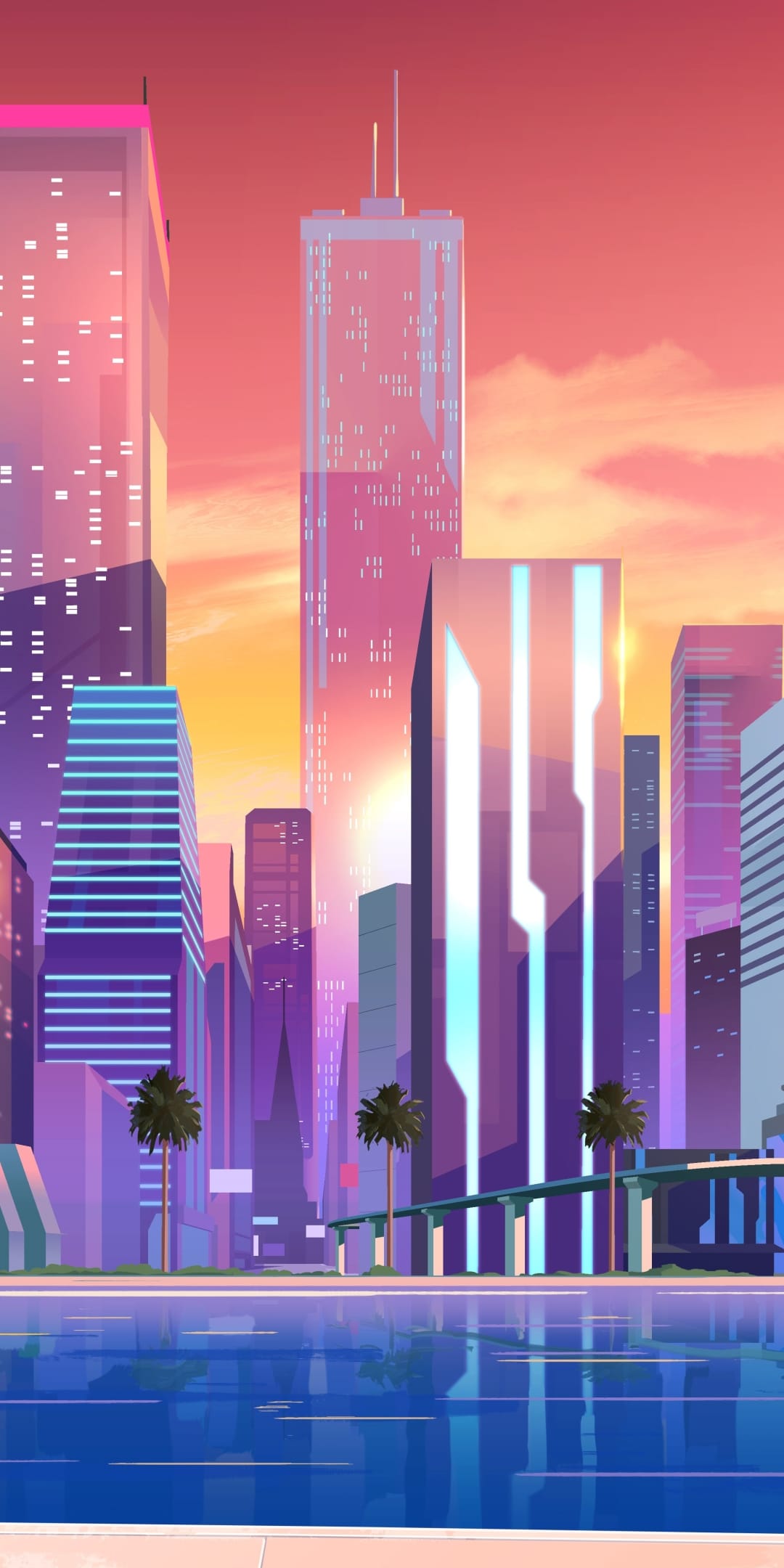 Futuristic neon skyscrapers and palm trees reflect in a calm pool under a pink and orange sunset sky.