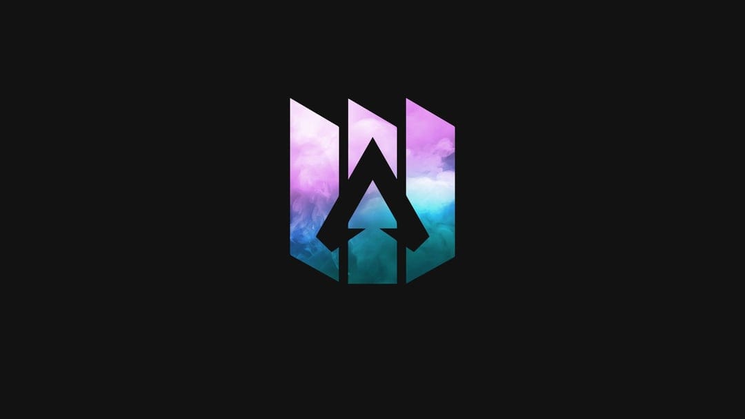 Apex Legends logo with swirling pink and teal vapor texture centered on a solid matte black background.