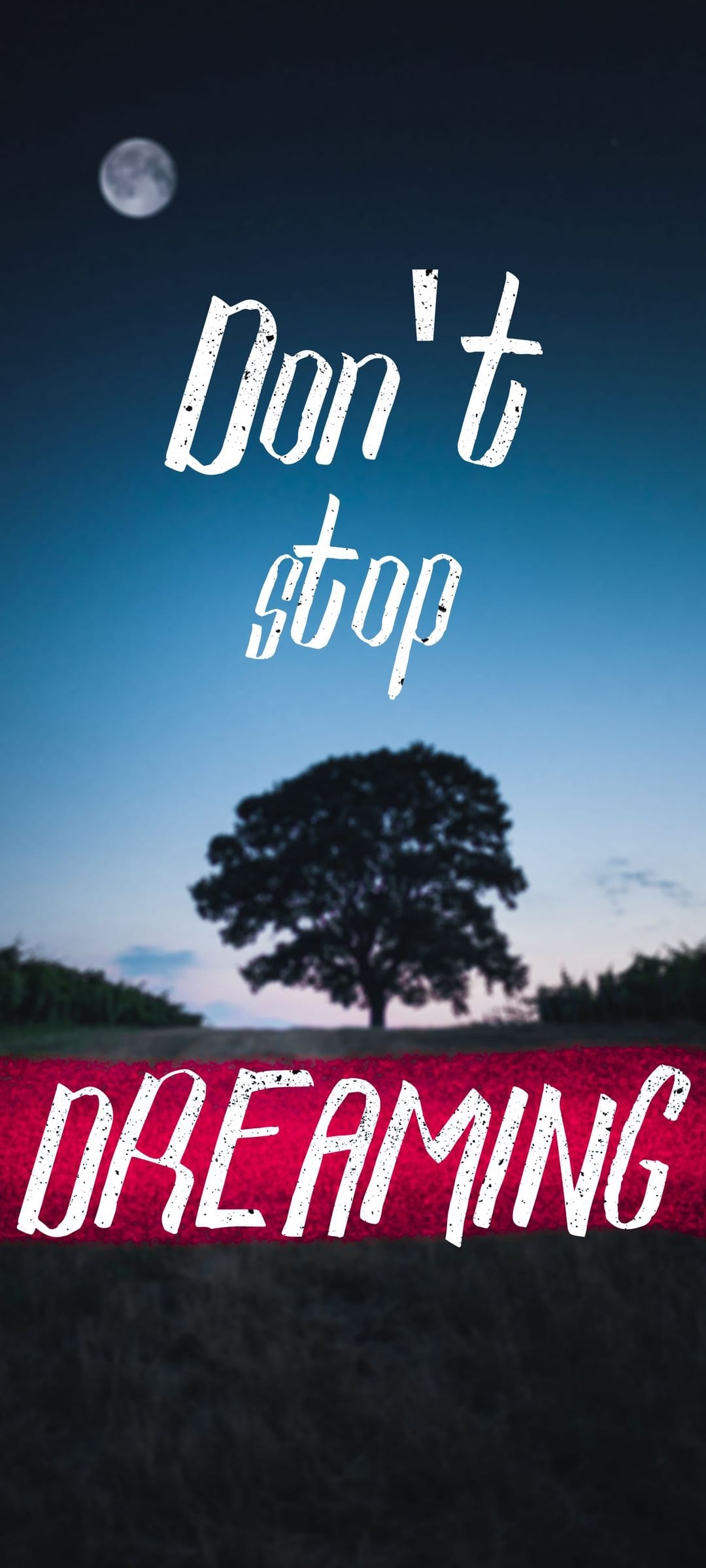 Silhouette of a lone tree against a night sky with a bright moon and the quote Don't Stop Dreaming in a red banner.