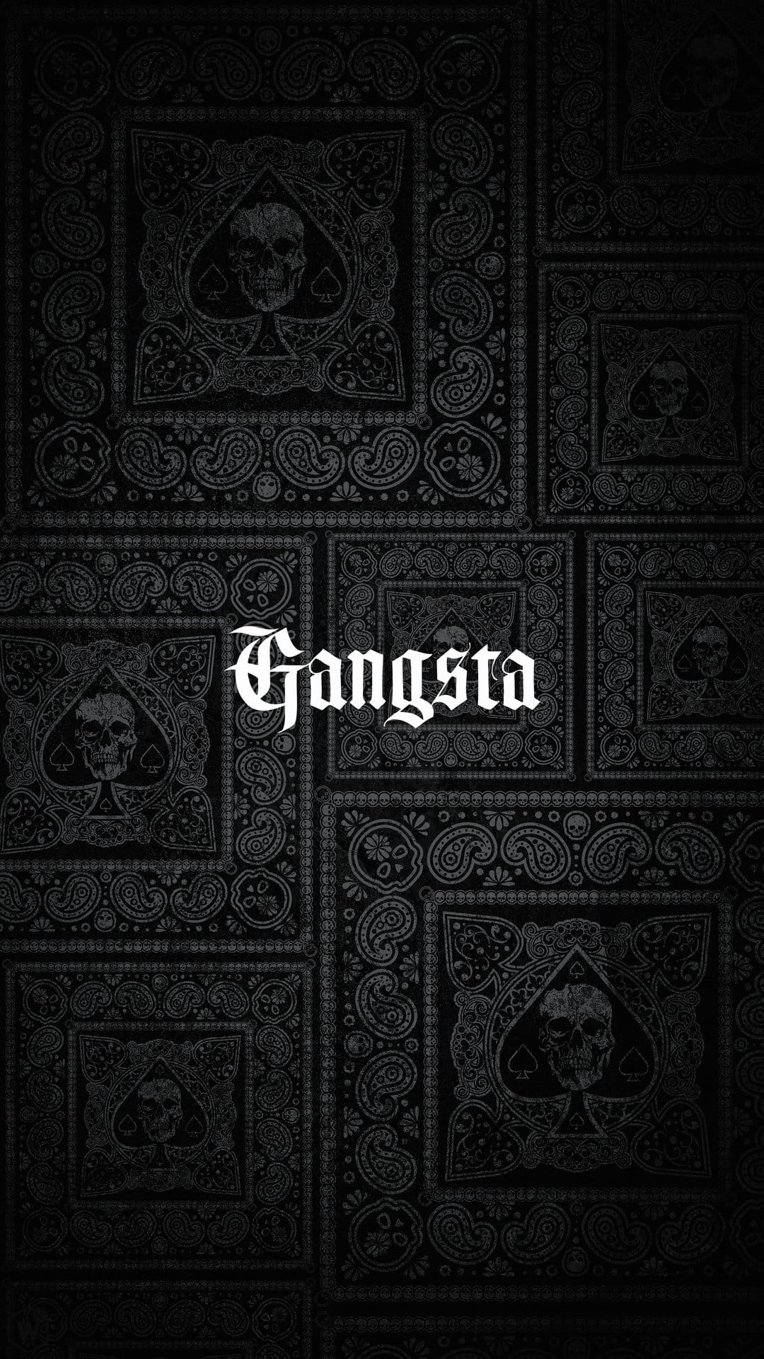 Human skulls and ace of spades symbols repeat across a black bandana pattern with detailed white paisley flourishes.