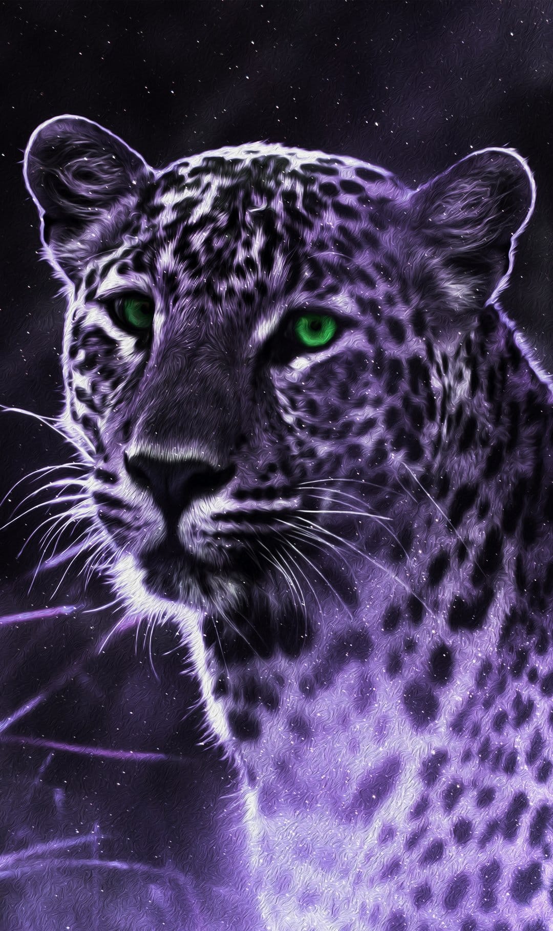 Purple leopard with glowing green eyes and sparkling stardust on its fur in a close-up portrait composition.