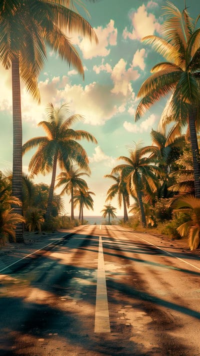 road,palm trees,tropics,sea,clouds