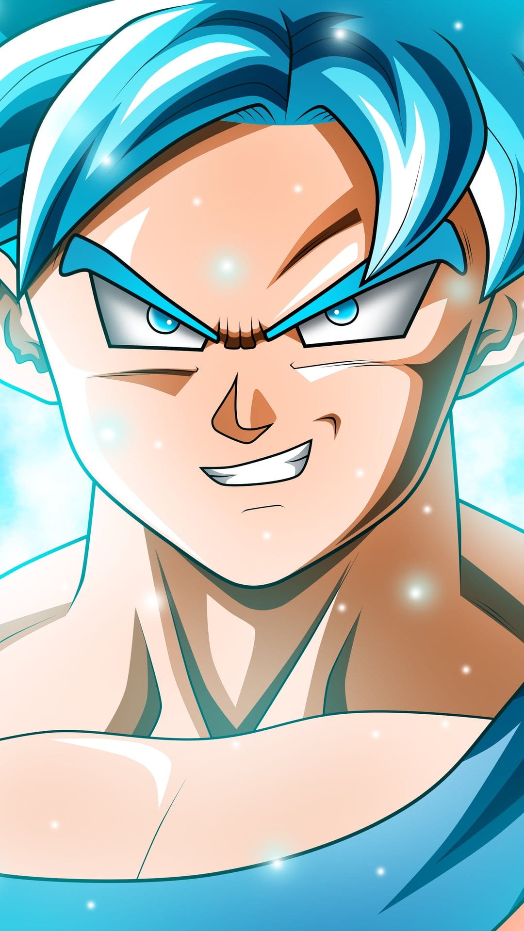 Goku with spiky blue hair smirks while surrounded by a shimmering turquoise energy aura and glowing particles.