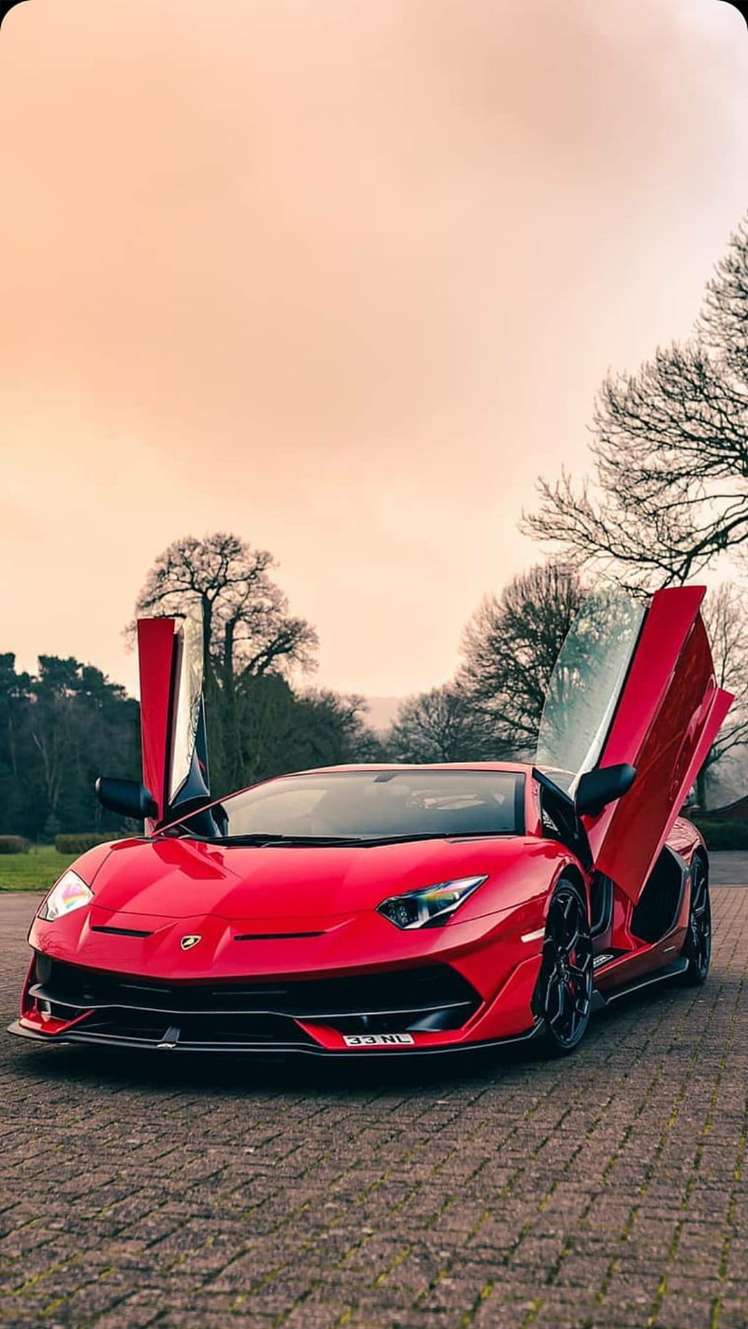 Red Lamborghini Aventador with open scissor doors parked on a brick pavement against a soft hazy sky and bare trees.