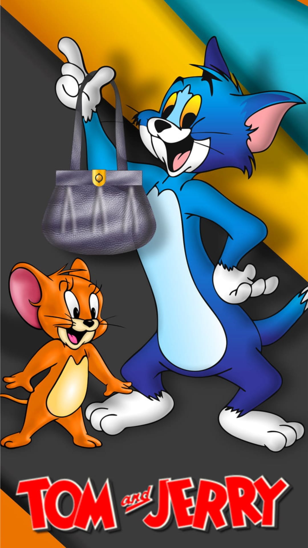 Tom the cat holding a blue handbag next to Jerry the mouse against a geometric orange and blue backdrop.