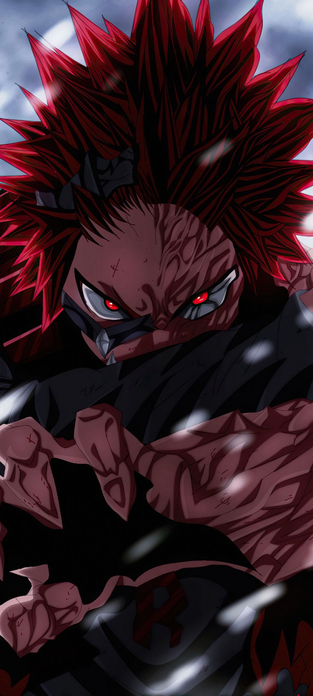 Anime character with spiky red hair, glowing eyes, black mask, and facial markings against a blurred backdrop.
