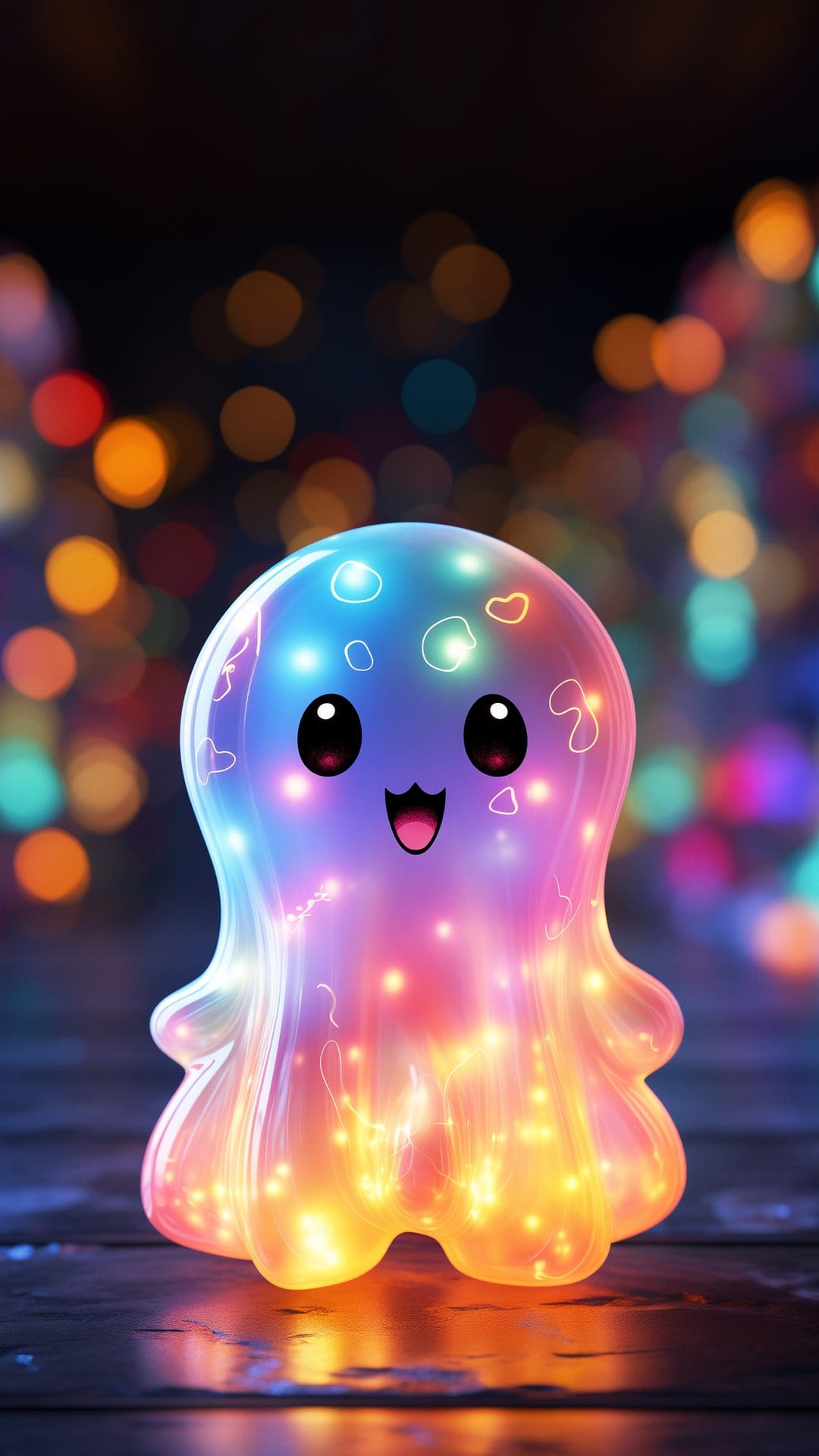 Jellyfish character with a translucent purple body and glowing orange lights floating in a dark bokeh environment.
