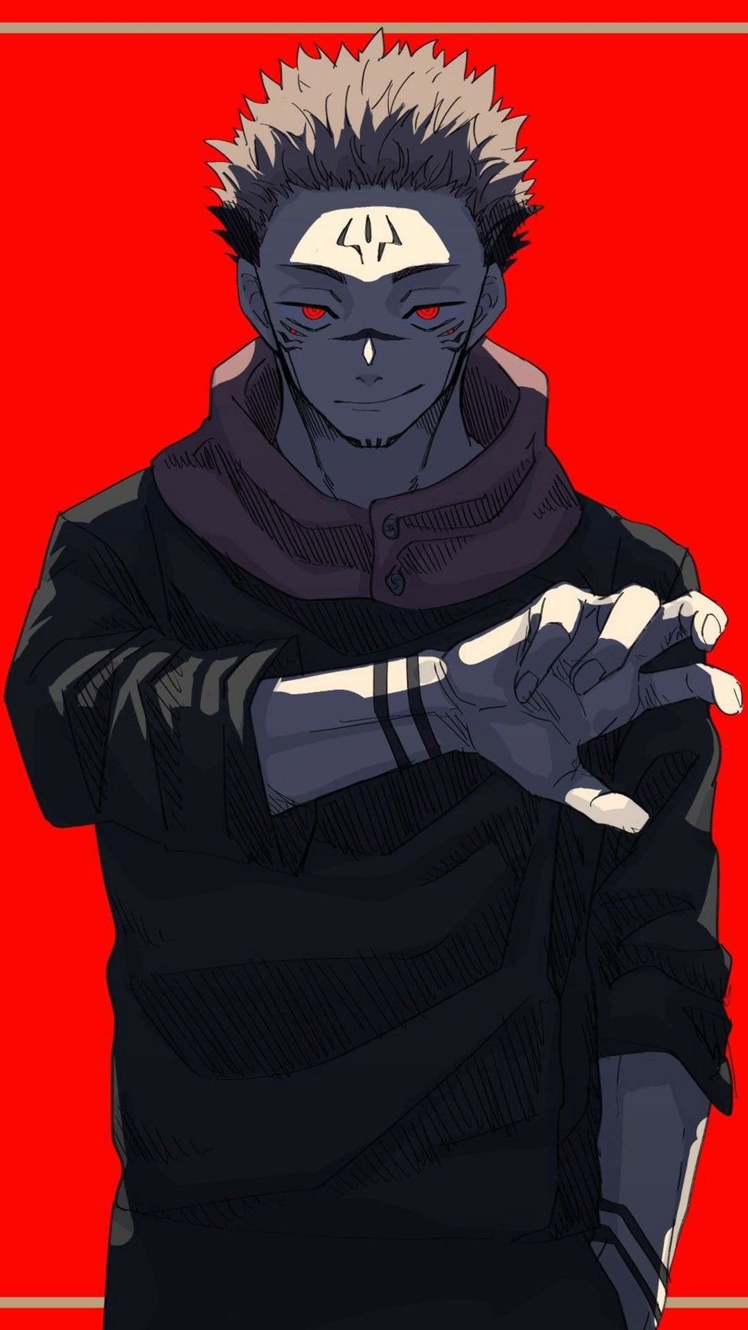 Ryomen Sukuna displays facial markings and glowing red eyes while reaching forward against a crimson background.