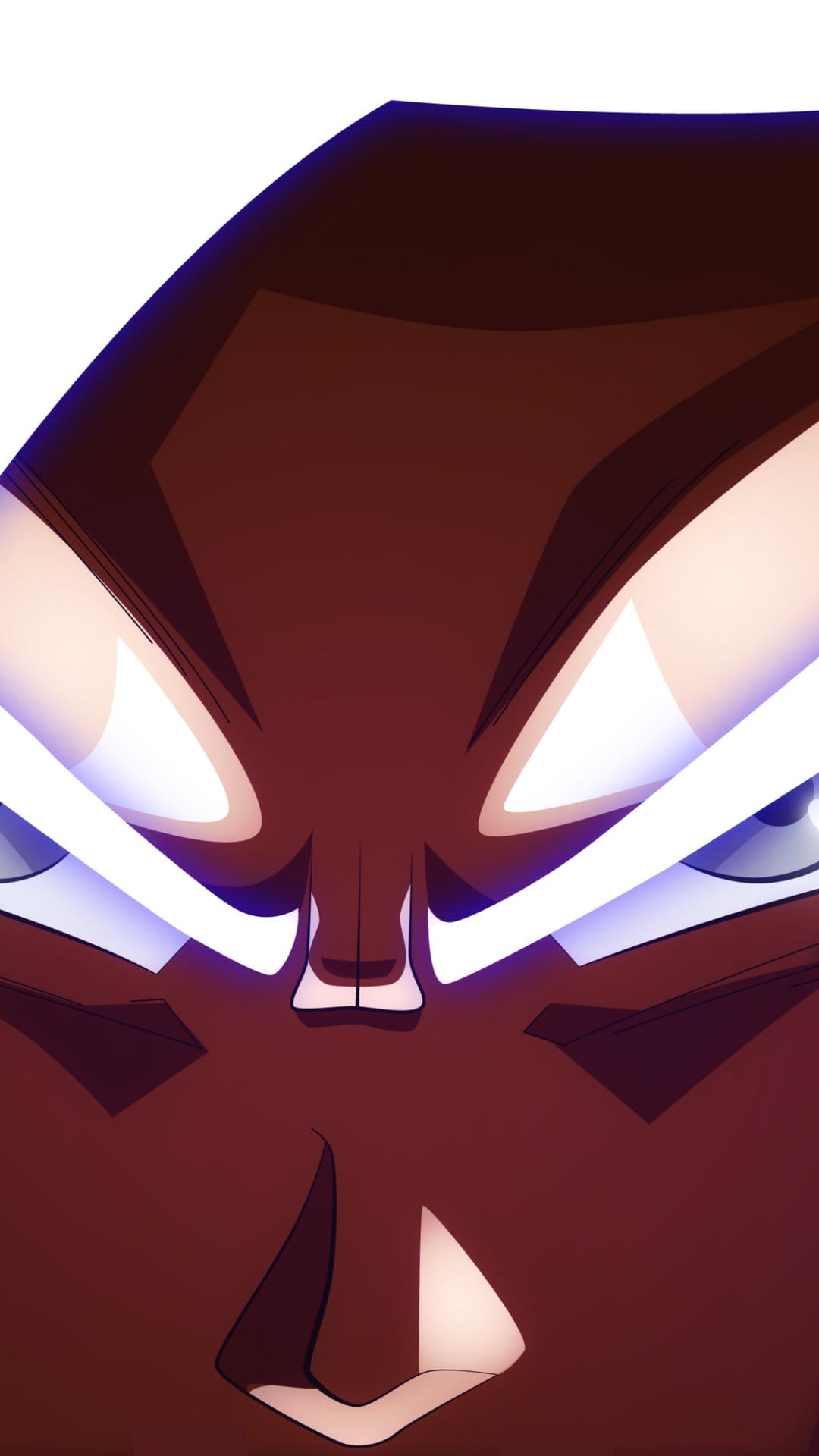 Goku with glowing silver eyes and a faint purple aura stares intensely during his Ultra Instinct transformation.