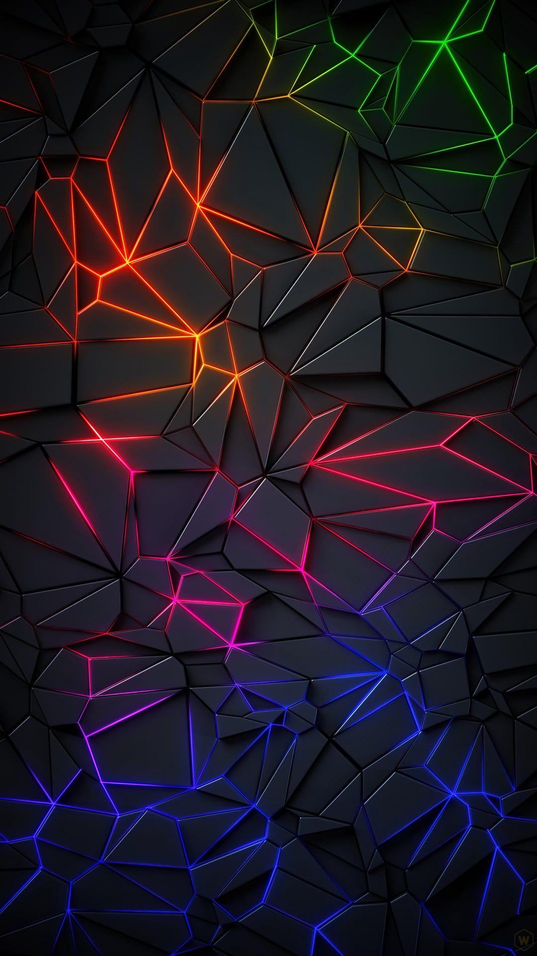 Dark geometric shards outlined in glowing neon orange, pink, and blue light with sharp angular shadows.