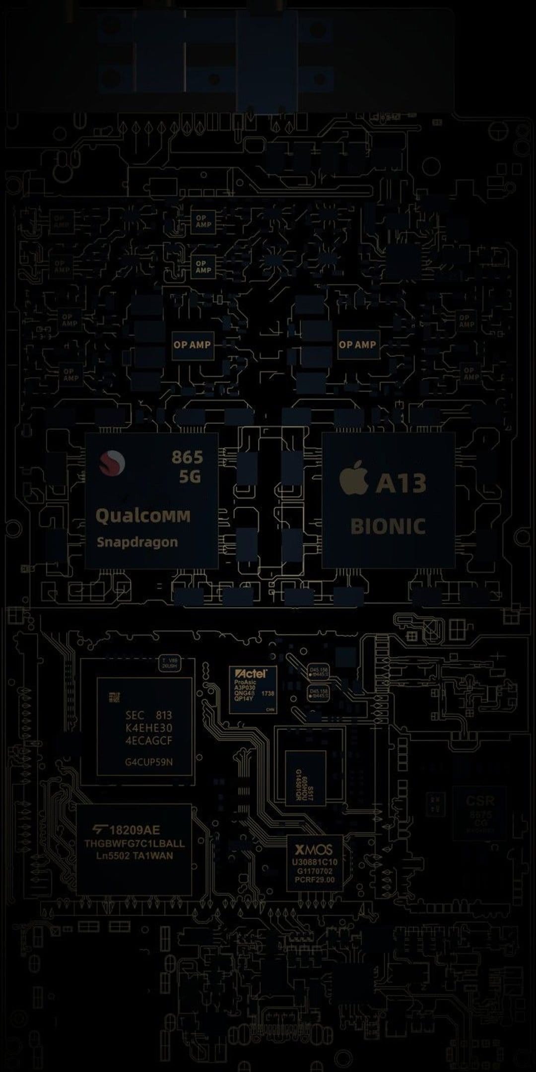 Snapdragon and Apple A13 Bionic chips sit on a dark motherboard with glowing blue and orange circuit paths.