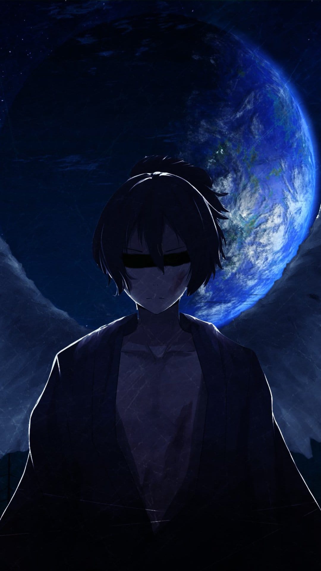 Blindfolded character with large white wings standing in front of a glowing blue earth and starry space.