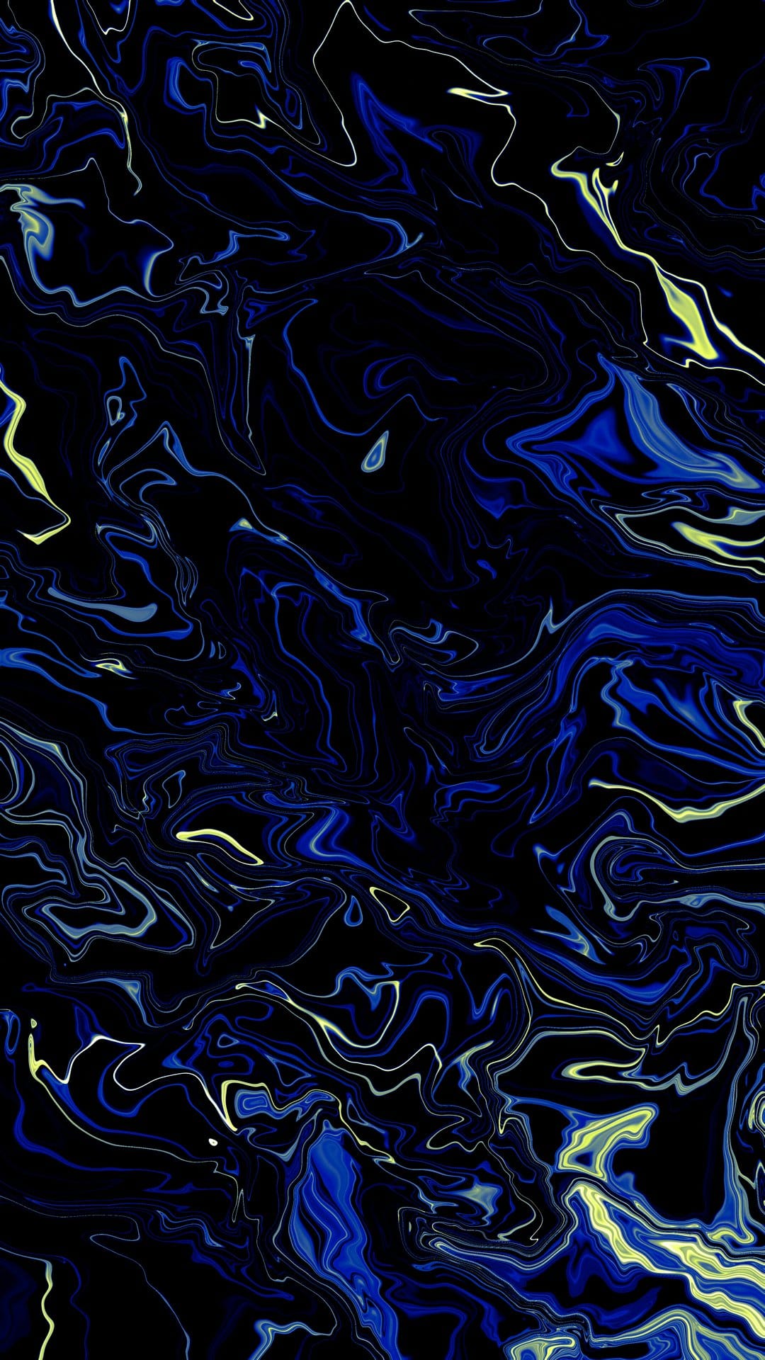 Swirling yellow filaments and navy blue liquid patterns create a high-contrast marbling effect across the frame.