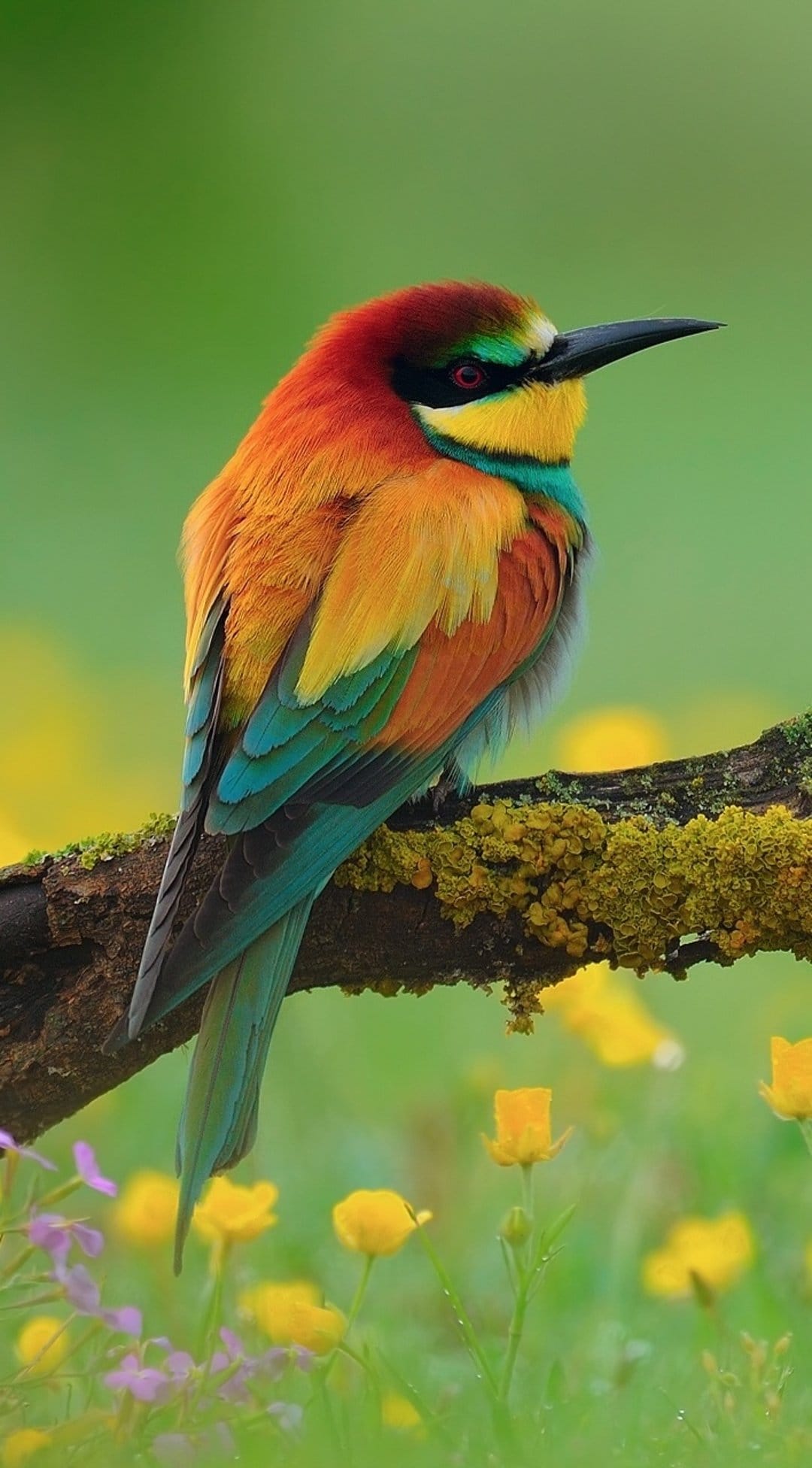 European Bee-Eater with red and yellow feathers perches on a mossy branch against a blurry meadow background.