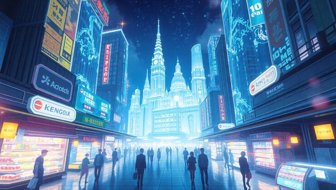Cyberpunk city streets glow with blue and purple neon lights above silhouettes of people walking at night.