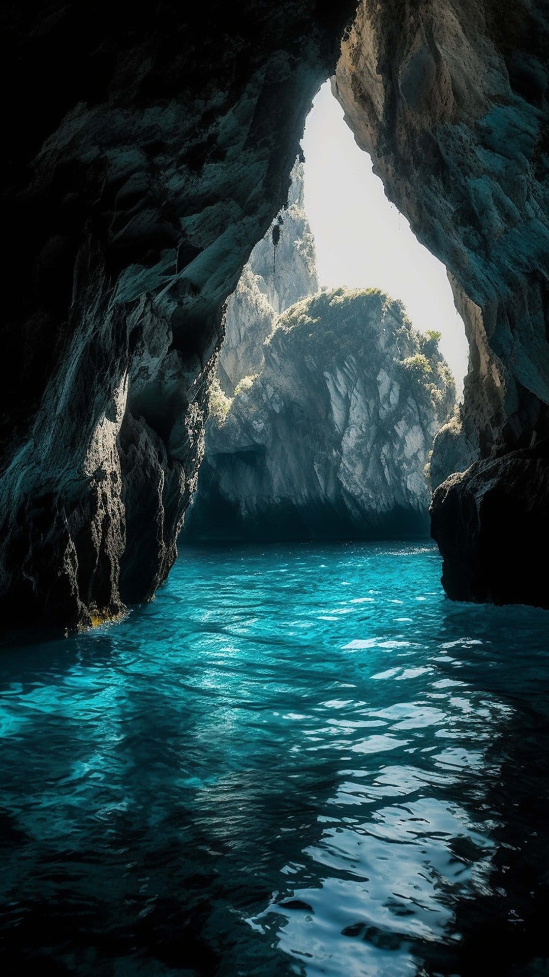 Dark limestone cave opening overlooks vibrant turquoise sea water and mossy rocks under bright sunlight.