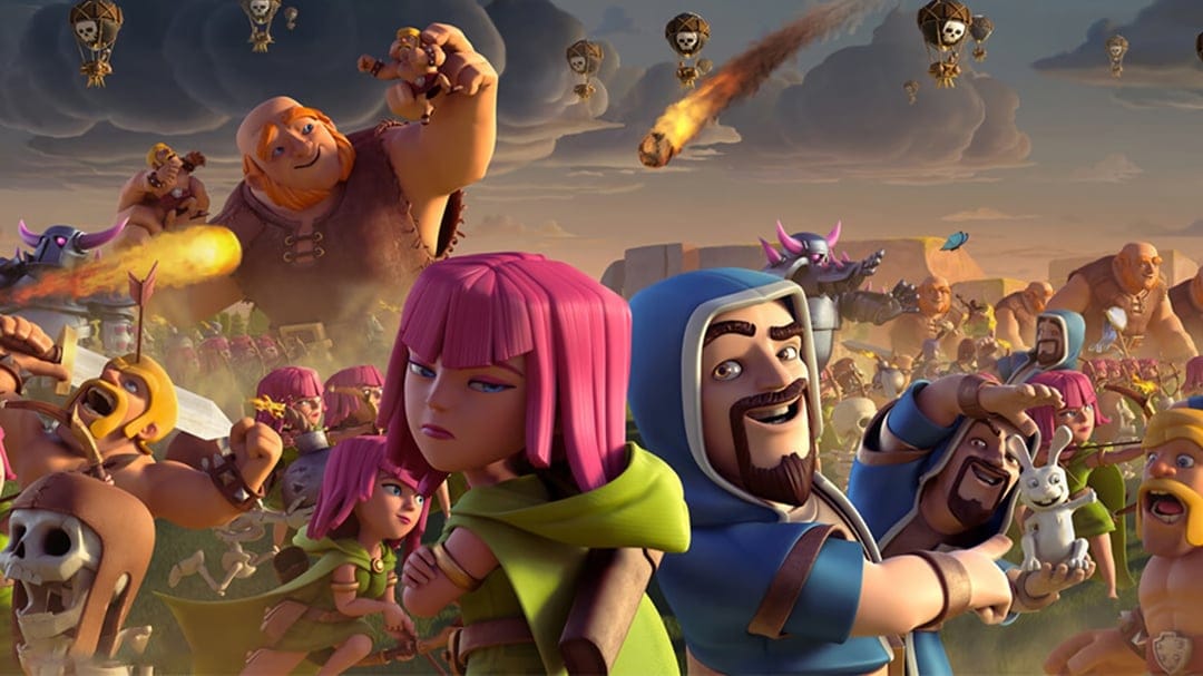 Pink-haired archer and smiling wizard lead a massive army battle under a sky filled with balloons and meteors.