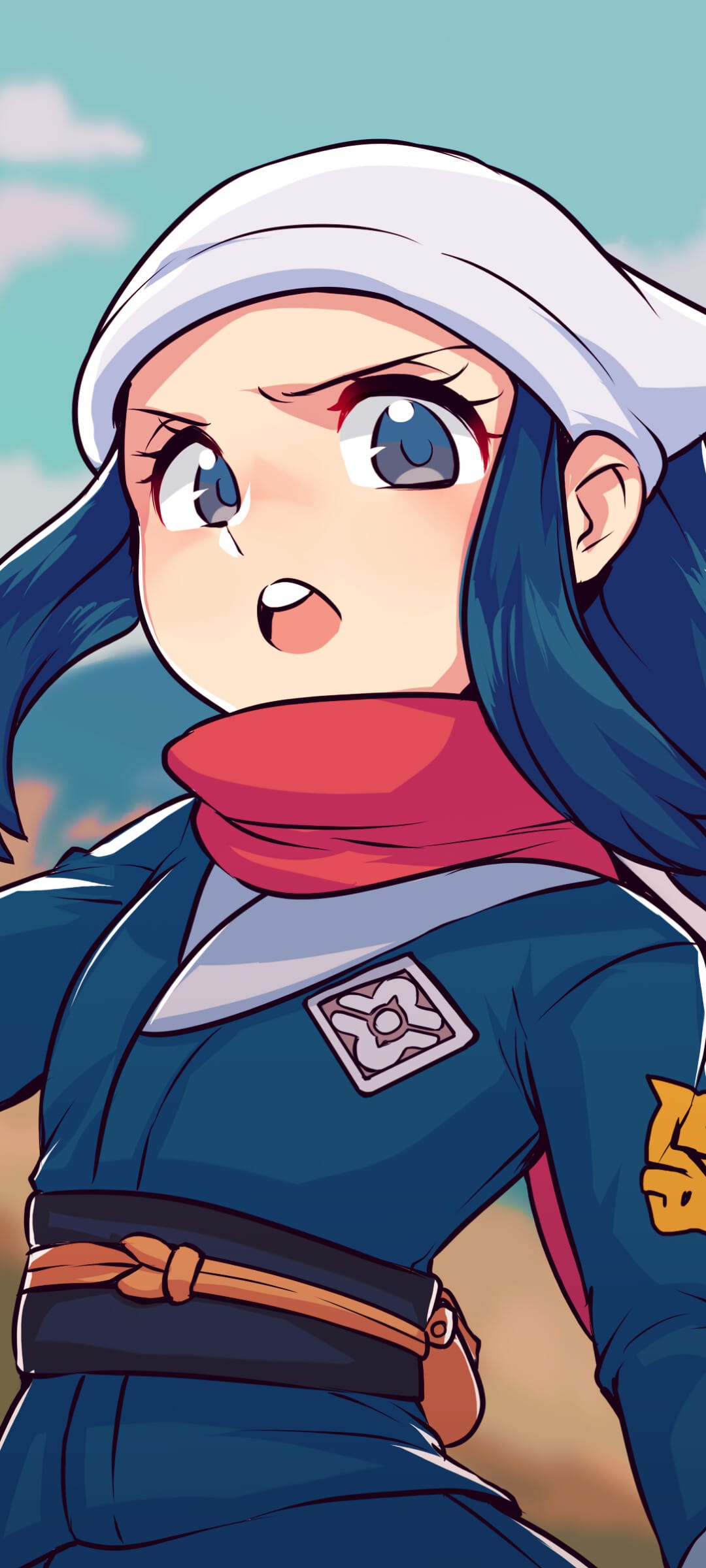 Akari wearing a blue Galaxy Team uniform and red scarf with a determined expression against a blue sky.