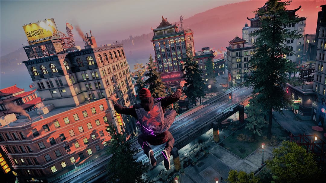 Man jumps from a brick building over a city street at sunset with glowing purple energy trails in Seattle.
