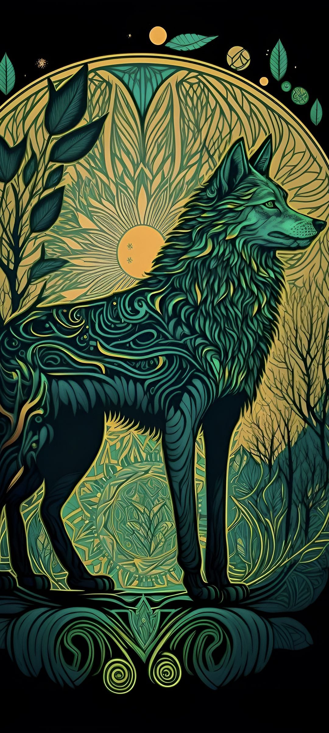 Emerald green wolf with ornate fur patterns sits inside a nature mandala with celestial symbols and foliage.