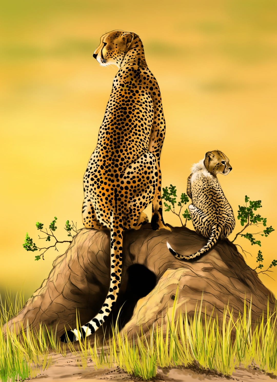 Cheetah mother and cub sit together on a termite mound amidst golden savanna grass under a warm sunset sky.
