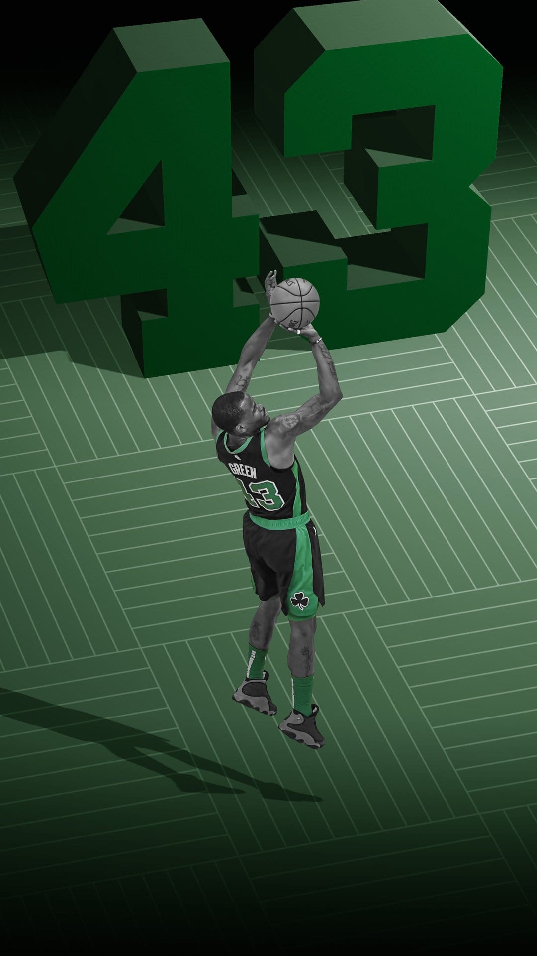 Basketball player in mid-air jump shot against a large green number forty-three over a dark textured floor.