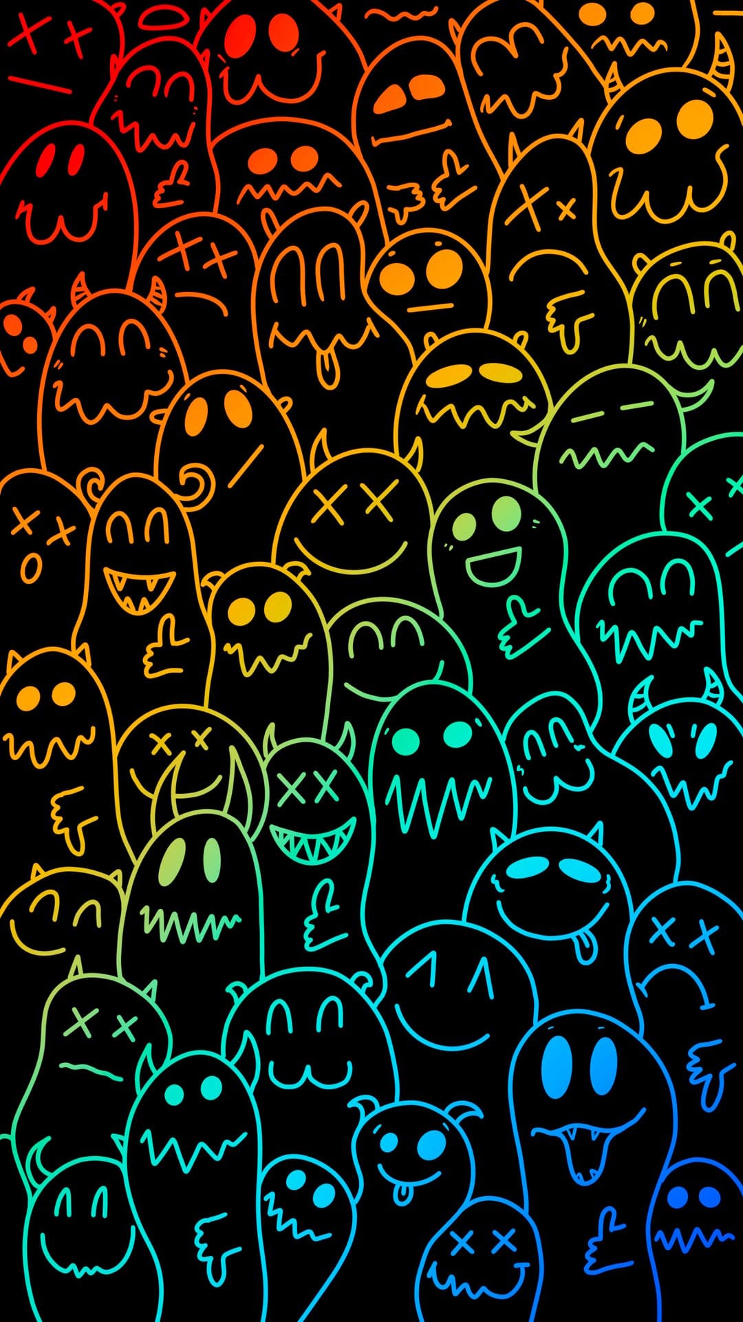 Whimsical cartoon monsters with rainbow outlines and expressive faces overlap against a solid black background.