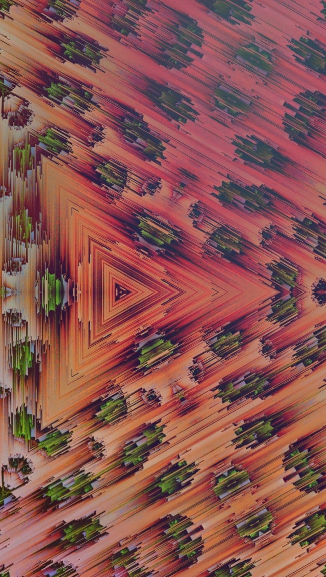 Central triangular motif composed of pixelated lines over blurred green circles and a warm orange gradient backdrop.
