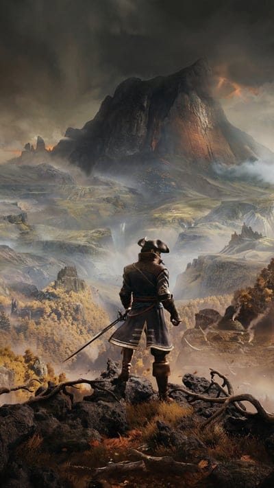 Fantasy Explorer, Grand Landscape, Adventurer, New World Inspired, Mountain View, Tricorn Hat, Mystical Realm, Digital Art, Concept Painting, Sword, Rugged Terrain, Volcanic Glow, RPG Setting, Cinematic Scene, Misty Valley, Character Back, Wilderness, Epic Journey, Discovery, Nature Scape